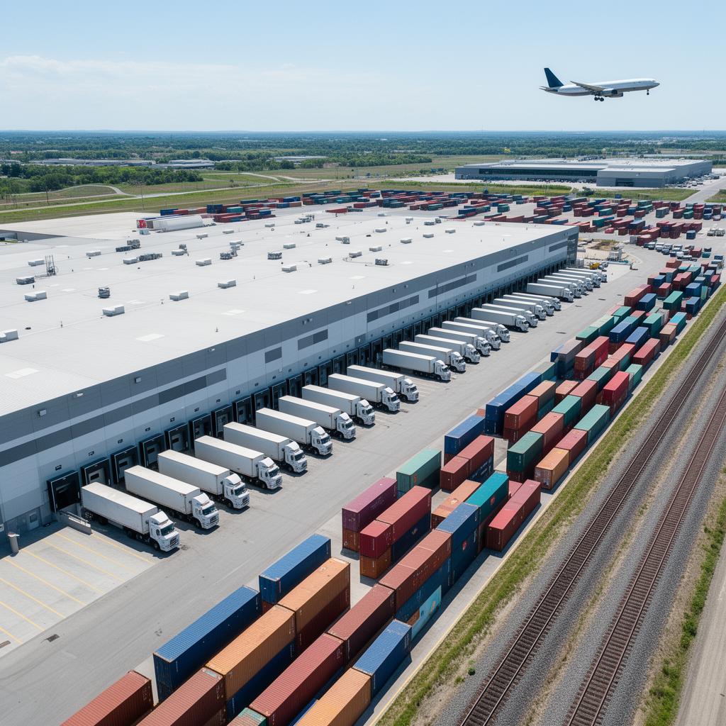 Aerial view of distribution center with trucks, containers, rail and air cargo